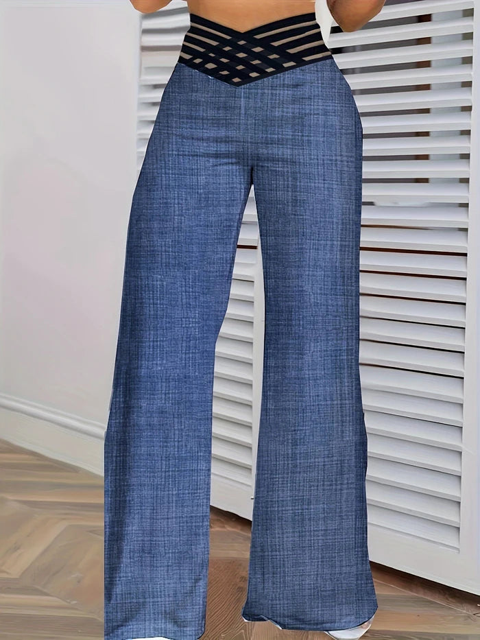 Women Wide Leg Flared Pants 2024 New Y2k Casual Crisscross Sheer Mesh Patch High Waist Trousers Elegant Streetwear Work Pants
