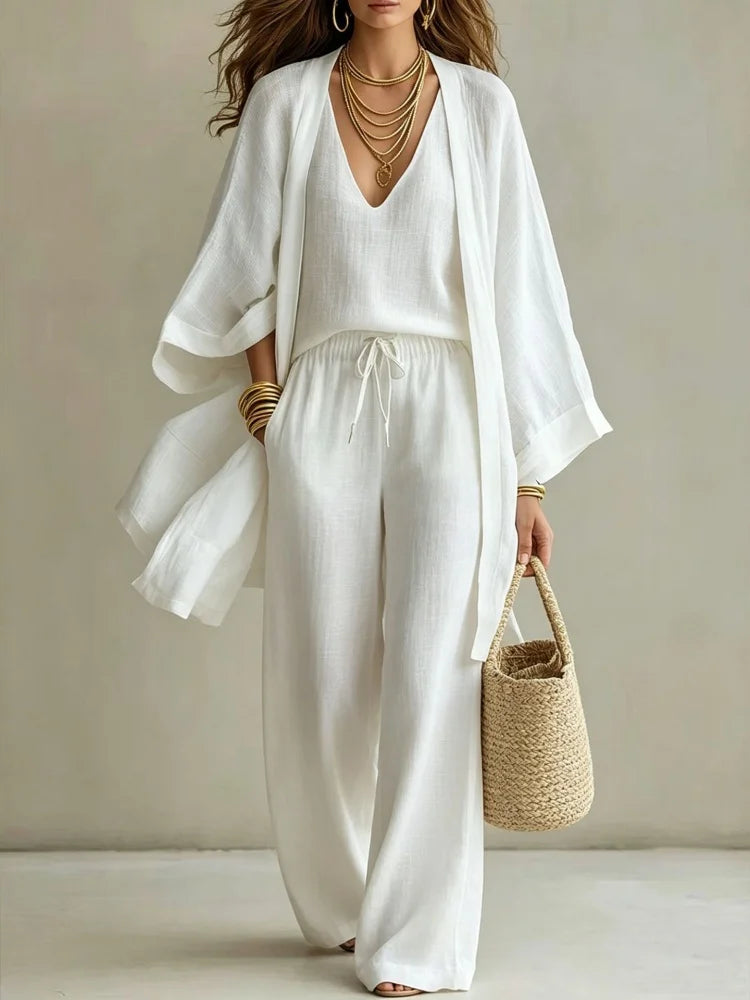 Women's 3 Piece Matching Set (Cardigan+Vest+Long Pants) V Neck Tank Wide Leg Pants Long Coat Casual Loose Vacation Commute Daily