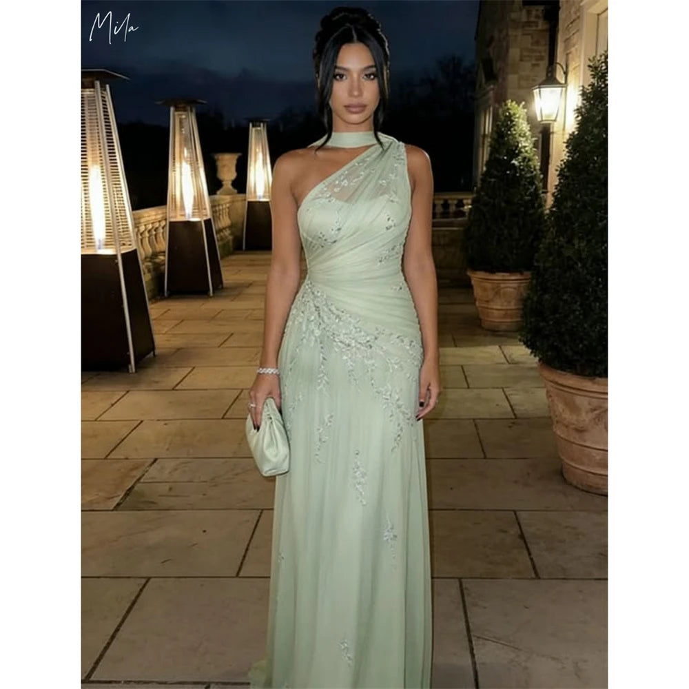 Mila Customized A-line Light Green Floral Embroidery Prom Dress One Shoulder Formal Evening Floor-length Vestidos De Fiesta 2026 - Matrix Studios