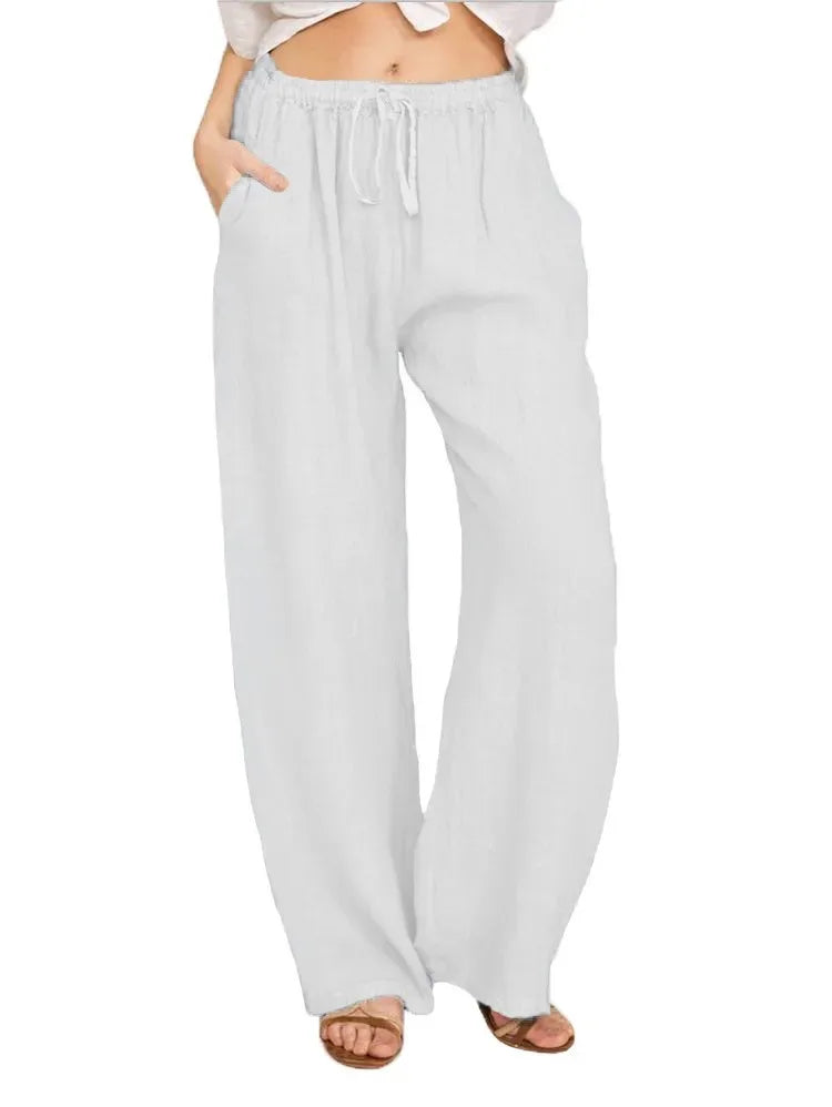 Women's Cotton Linen Pants Casual Loose Solid Elastic Waist Pocket Straight Trousers Ladies Oversize Wide Leg Pant Streetwear - Matrix-studios.com