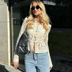 Ladies Vintage Lace Blouse Shirts Women Summer Hollow Out Casual Sand Collar Elegant Embroidery Puff Sleeve Sexy Top Shirts - Matrix-studios.com