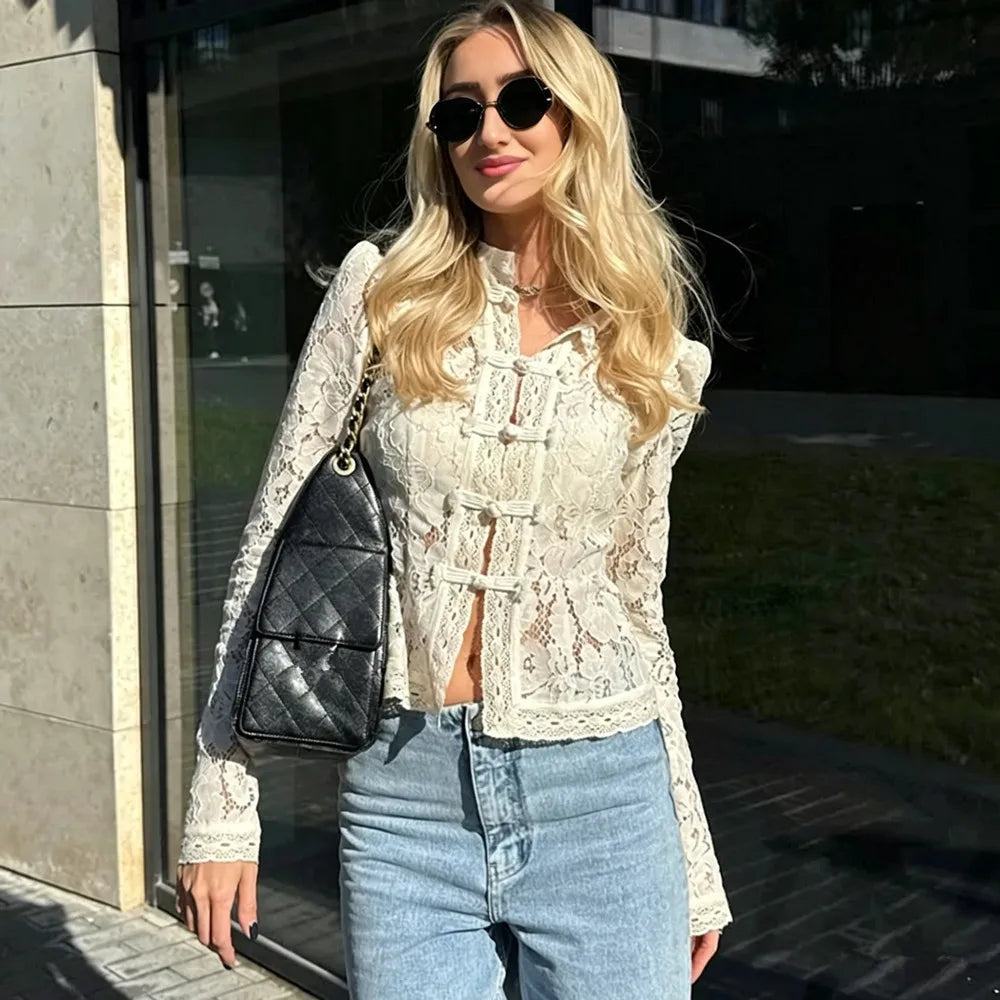 Ladies Vintage Lace Blouse Shirts Women Summer Hollow Out Casual Sand Collar Elegant Embroidery Puff Sleeve Sexy Top Shirts - Matrix-studios.com