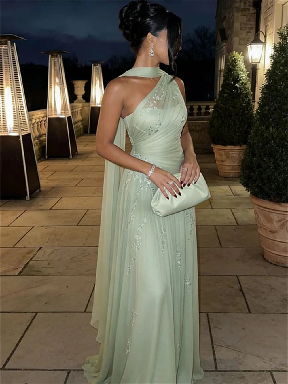 Mila Customized A-line Light Green Floral Embroidery Prom Dress One Shoulder Formal Evening Floor-length Vestidos De Fiesta 2026 - Matrix Studios