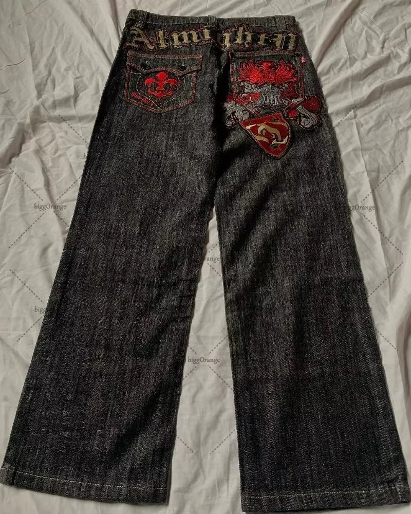 Vintage Low Waist Hip Hop Cherry Blossom Embroidered Jeans  Wide Leg Trousers Y2K Clothes Mens Womes Embroidered Baggy Jeans - Matrix Studios