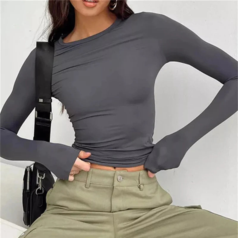 TUSHANGGE Women Long Sleeve T Shirt Spring Autumn Solid Casual Shirts Female Pullovers Tee Y2k Clothes Streetwear Crop Tops - Matrix-studios.com