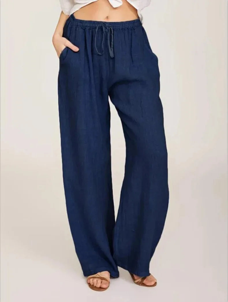 Women's Cotton Linen Pants Casual Loose Solid Elastic Waist Pocket Straight Trousers Ladies Oversize Wide Leg Pant Streetwear - Matrix-studios.com
