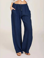 Women's Cotton Linen Pants Casual Loose Solid Elastic Waist Pocket Straight Trousers Ladies Oversize Wide Leg Pant Streetwear - Matrix-studios.com