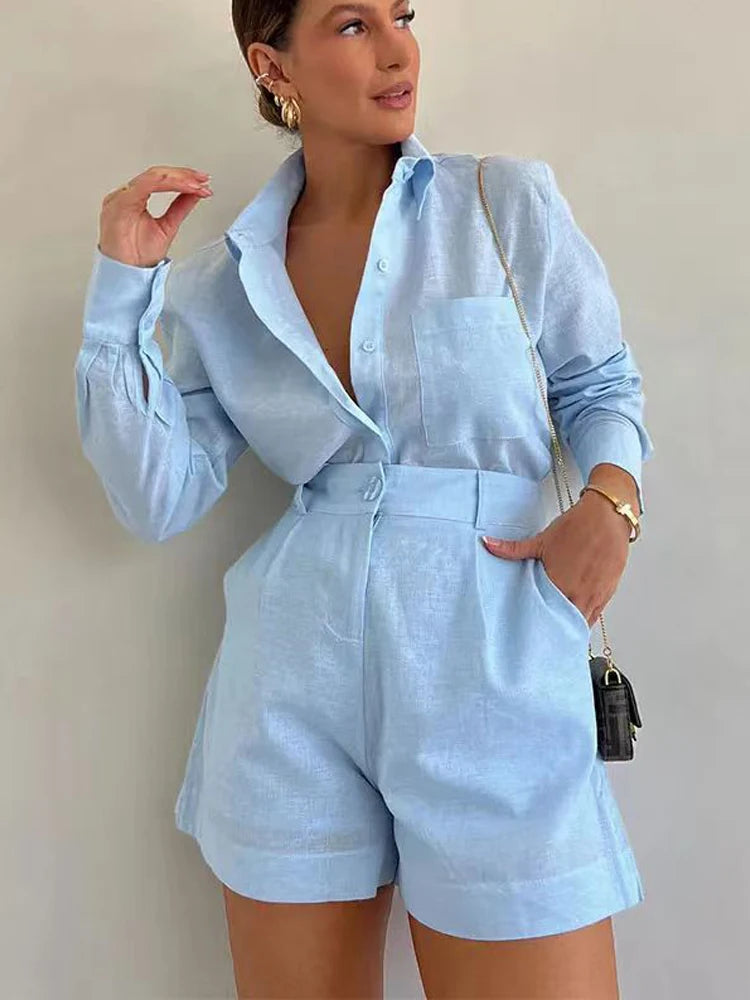 Women Long Sleeve 2 Pieces Sets Casual Simple Button Pockets Short Pant with Shirts Tops 2024 Summer Fashion Suit Female Outfits - Matrix-studios.com