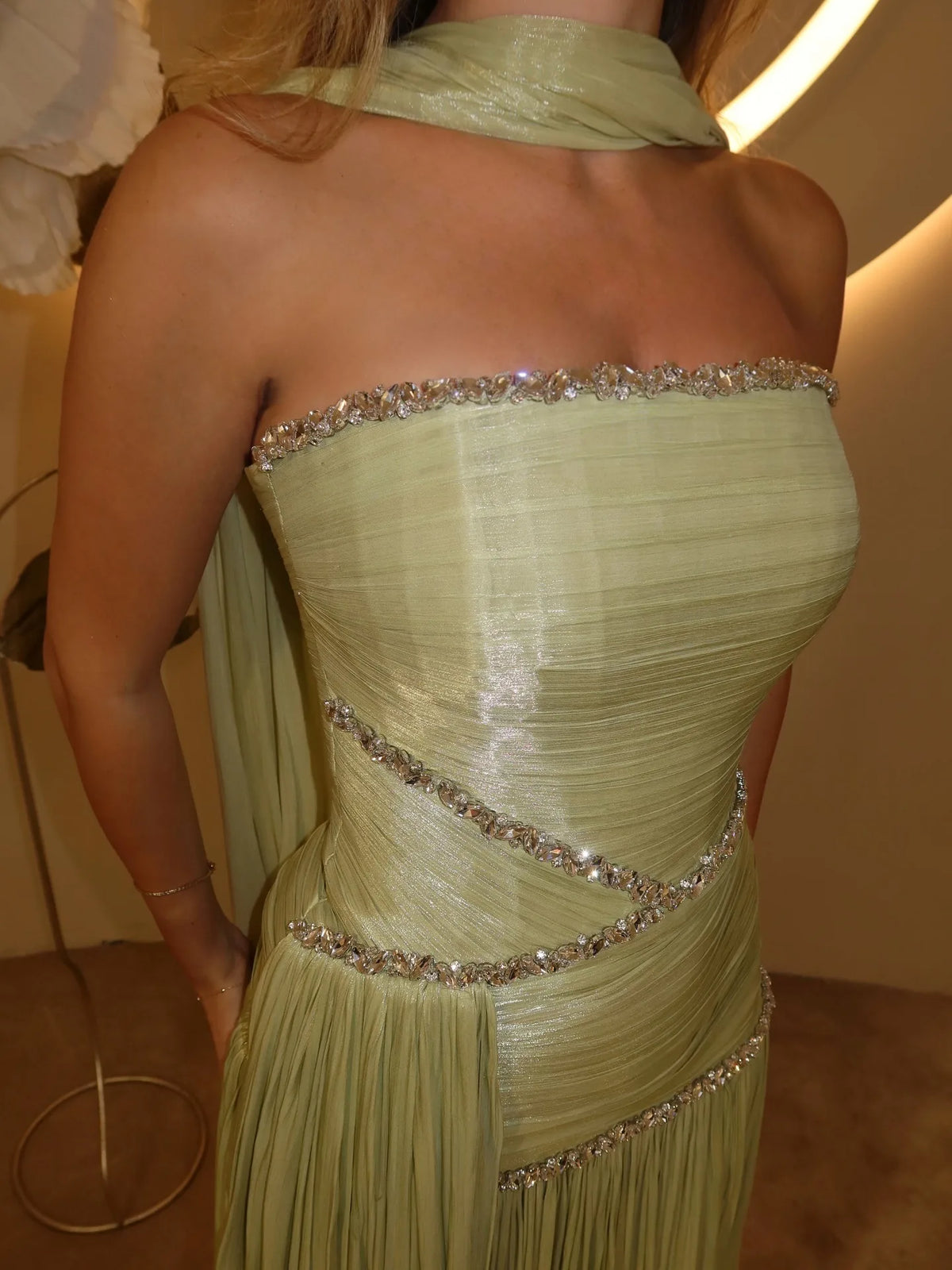 Mila Customized Sage Green A-Line Shawl Strapless Prom Dress Crystal Pleated Formal Evening Floor-Length Vestidos De Fiesta - Matrix-studios.com