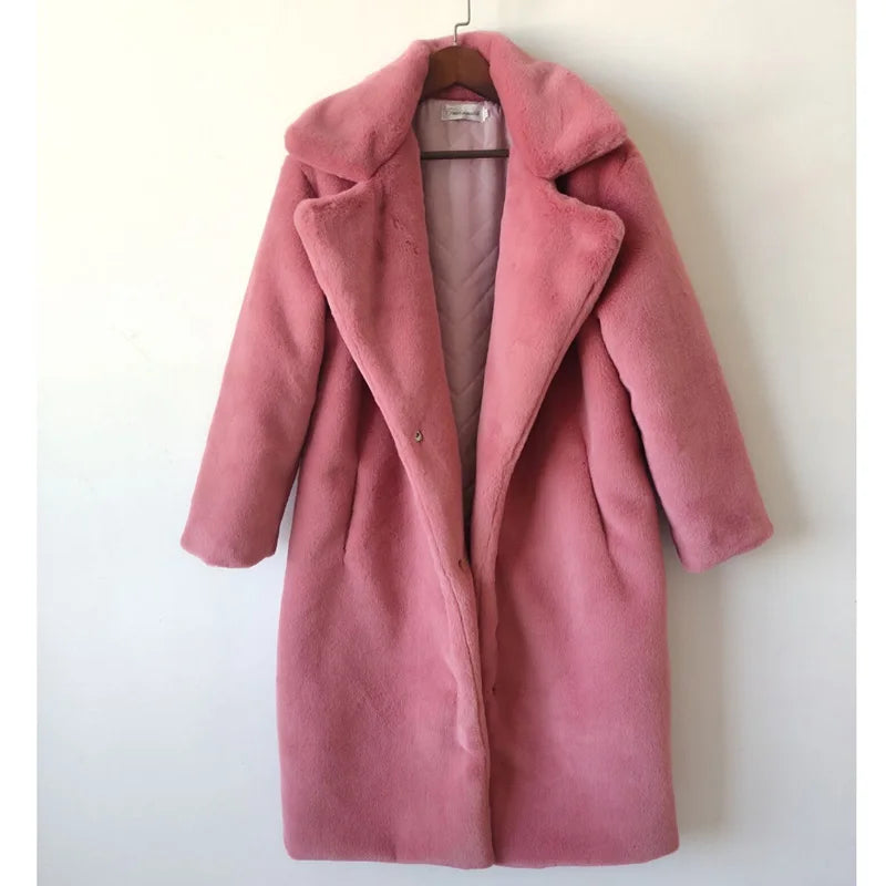 Winter Women High Quality Faux Rabbit Fur Coat Luxury Long Fur Coat Loose Lapel OverCoat Thick Warm Plus Size Female Plush Coats - Matrix Studios