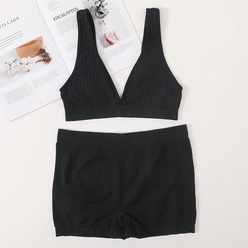 Women Seamless Bra And Panties Set Female Sport V-neck Unlined Bra High Rise Shorts Stretchy Underwear Sexy Lingerie Set - Matrix-studios.com