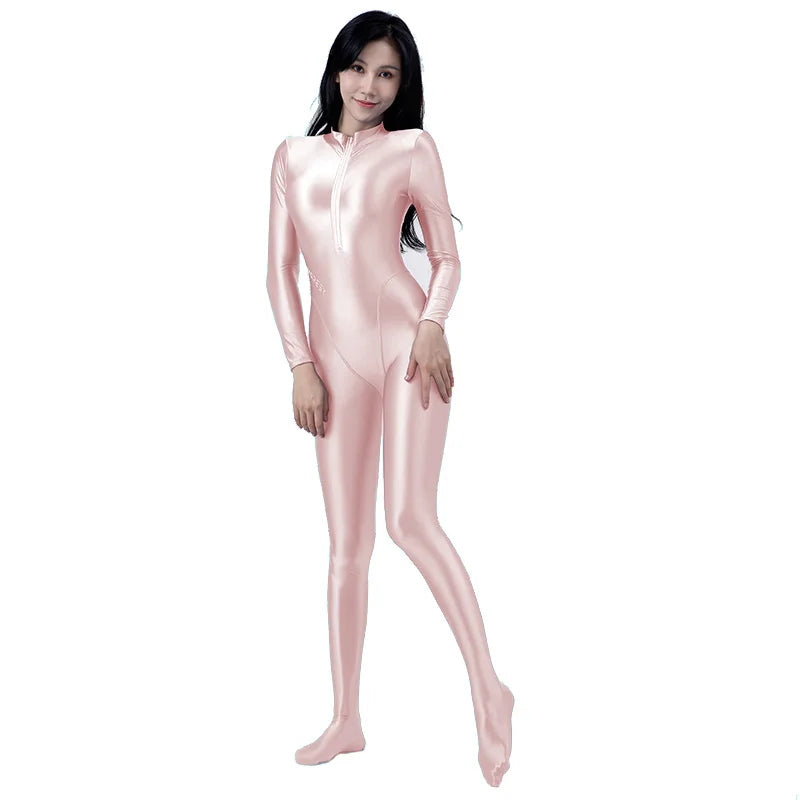 AMORESY Women's Shiny Oil Tights Full-Length Catsuit Front Zipper Yoga Zentai Playsuit Sexy Smooth Casual Jumpsuit - Matrix Studios