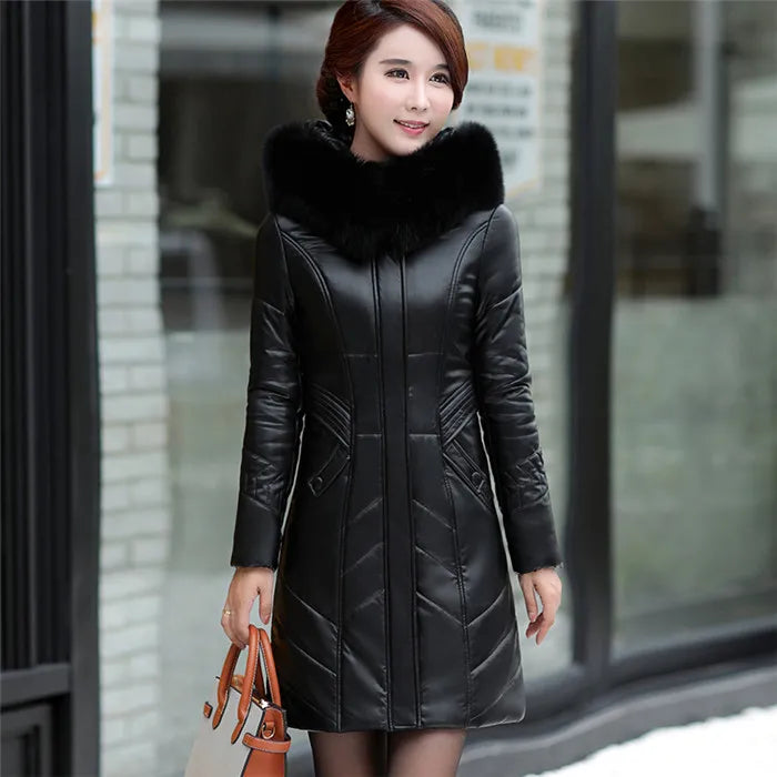 L-8XL Women Leather Coat Winter 2026 Fashion Mother Jacket Thicken Warm Outerwear Fur Collar Hooded Sheepskin Overcoat Female - Matrix Studios