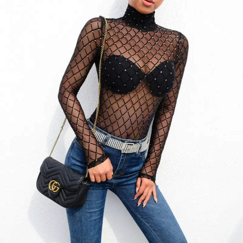 Women Mesh Net Fishnet Bodysuit Slim Long Sleeve Leotard Jumpsuit Tops Beachwear Beading Prespective Mesh Fishnet Cover Up - Matrix Studios