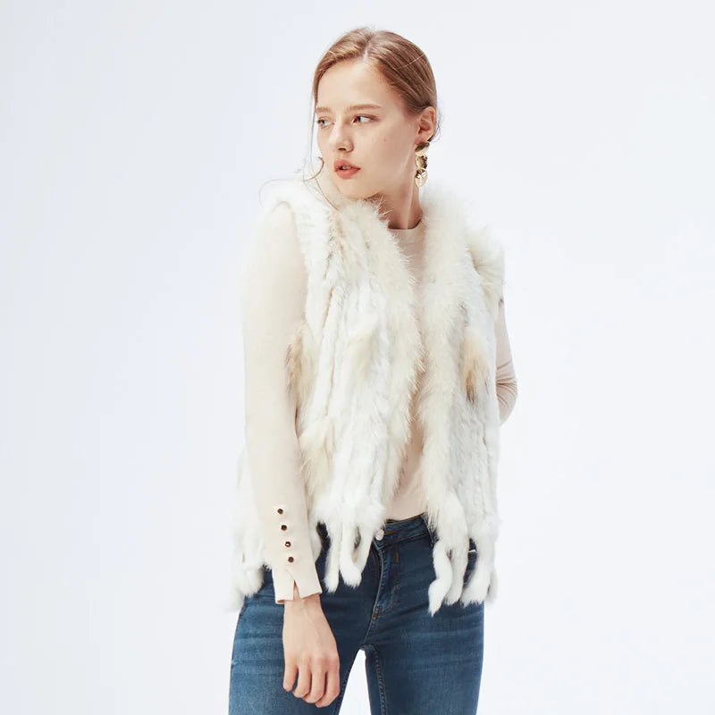 Women's Real Rabbit Fur Vest Knit Natural Leather Tassel Waistcoat Raccoon Fur Collar Winter Knitted Jacket Coat Wholesale - Matrix Studios