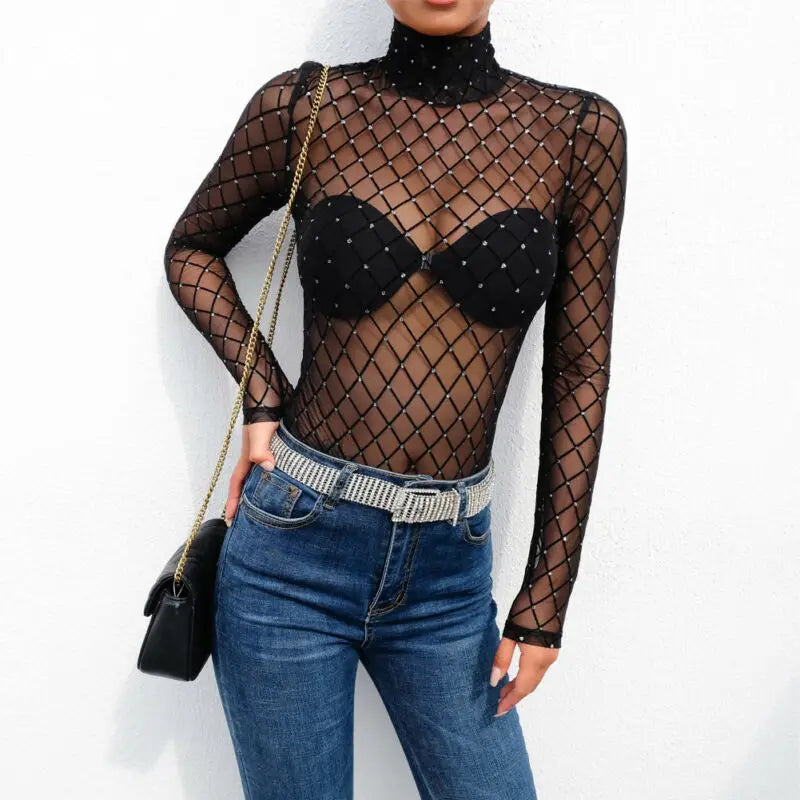 Women Mesh Net Fishnet Bodysuit Slim Long Sleeve Leotard Jumpsuit Tops Beachwear Beading Prespective Mesh Fishnet Cover Up - Matrix Studios