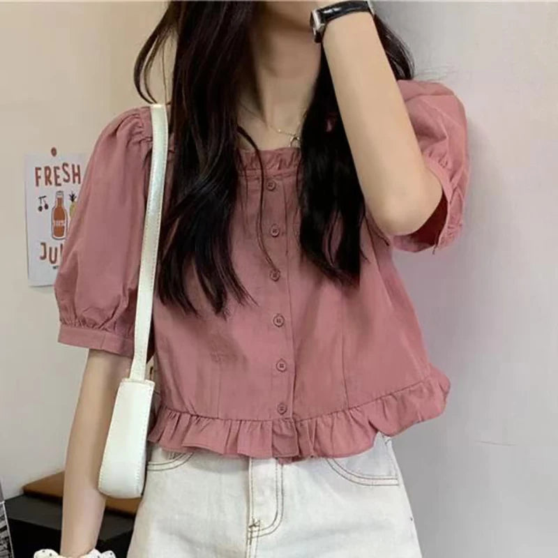 Korean Summer Ruffle Elegant Chiffon Cool Blouse Women Youthful Cute Cropped Tops Chic Short sleeve Feminine Shirt - Matrix-studios.com