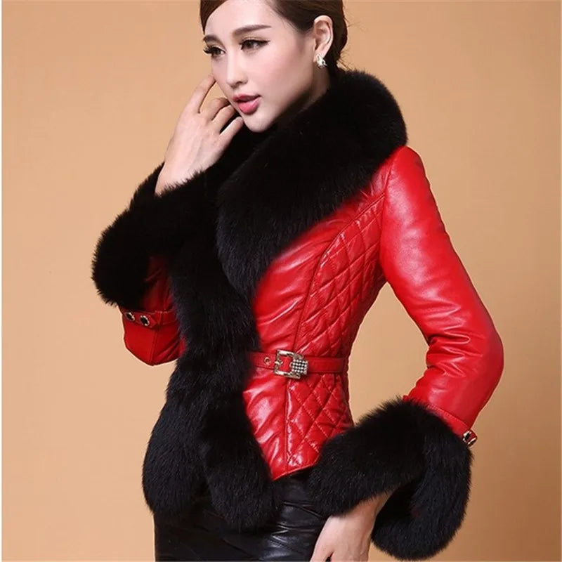New Winter Leather Jacket Women Coat Faux Fox Fur Collar Short Coat PU Leather Female Jacket Elegant Motorcycle Zipper Outerwear - Matrix Studios