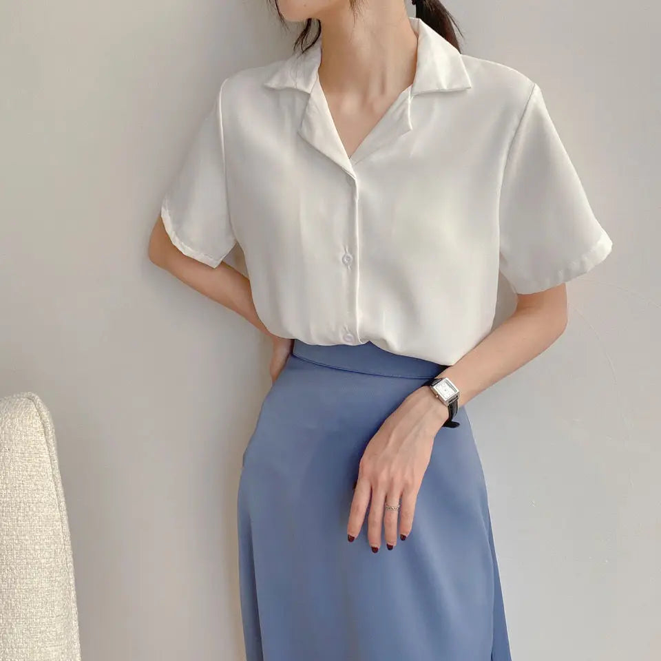 Women Summer Chiffon Blouse Elegant Short Sleeve V Neck Loose Shirt Casual Solid Korean Chic Simple Tops Female Tunic Blusas - Matrix-studios.com