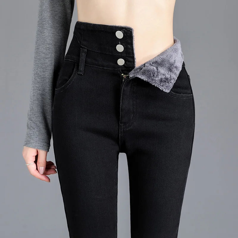 Thermal Winter Thick Fleece High-waist Warm Skinny Jeans Thick Women Stretch Button Pencil Pants Mom Casual Velvet Jeans - Matrix-studios.com