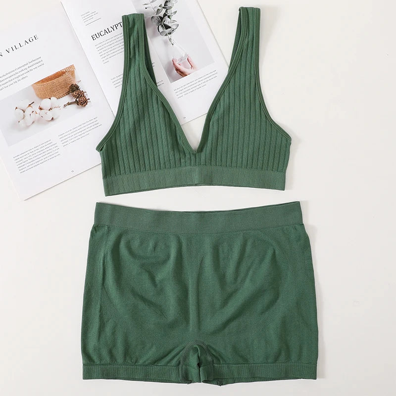 Women Seamless Bra And Panties Set Female Sport V-neck Unlined Bra High Rise Shorts Stretchy Underwear Sexy Lingerie Set - Matrix-studios.com