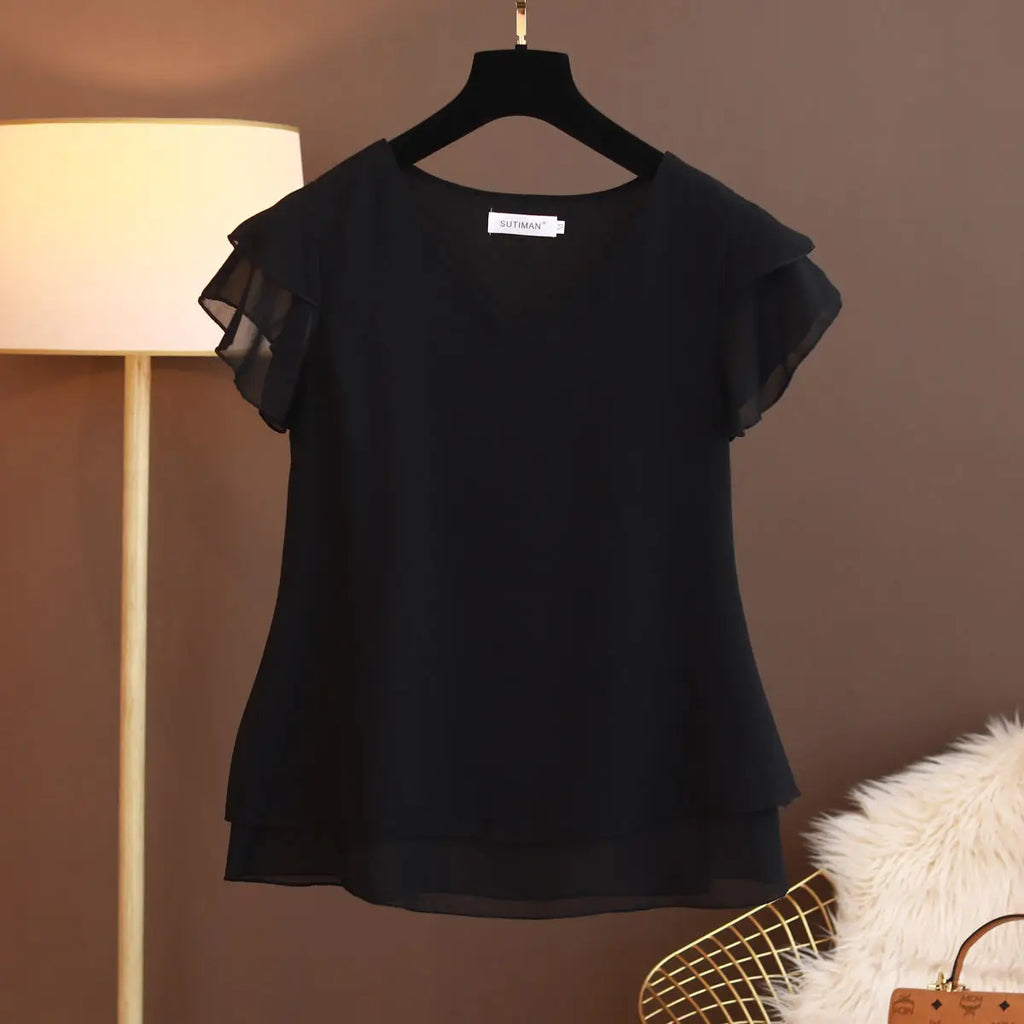 2026 New Summer Women Blouse Loose V-Neck Chiffon Shirt Female Short Sleeve Blouse Oversized Shirts womens tops and blouses Top - Matrix-studios.com