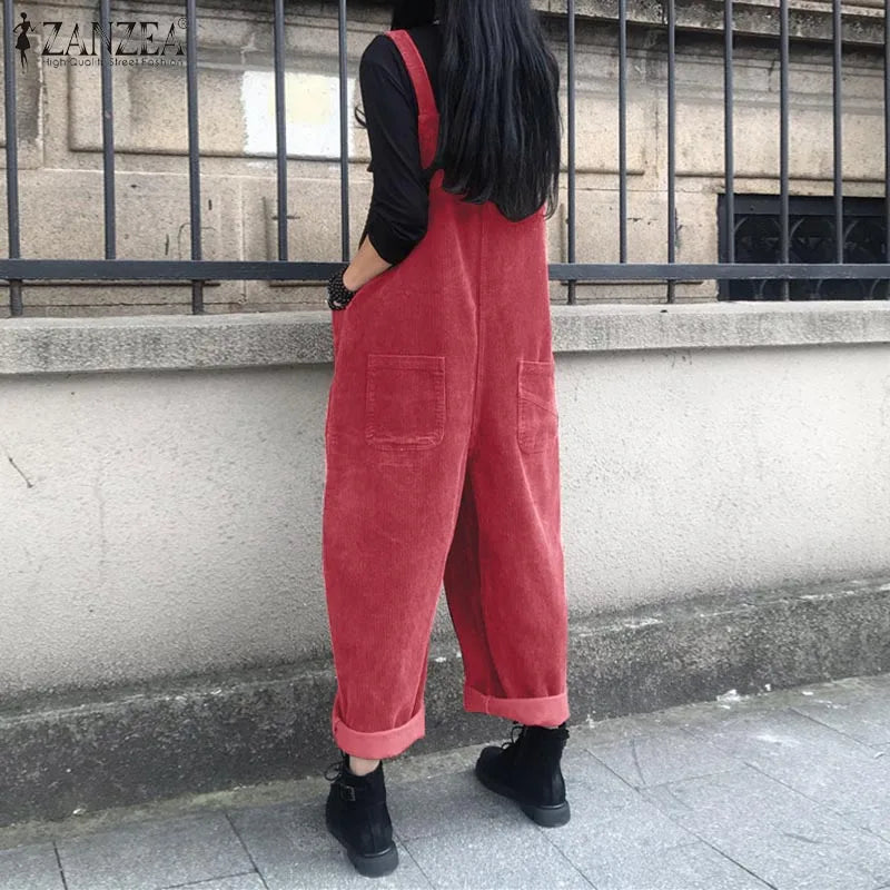Corduroy Overalls Women's Summer Bib Jumpsuits ZANZEA 2026 Casual Suspender Harem Pants Female Solid Rompers Femme Oversize - Matrix Studios