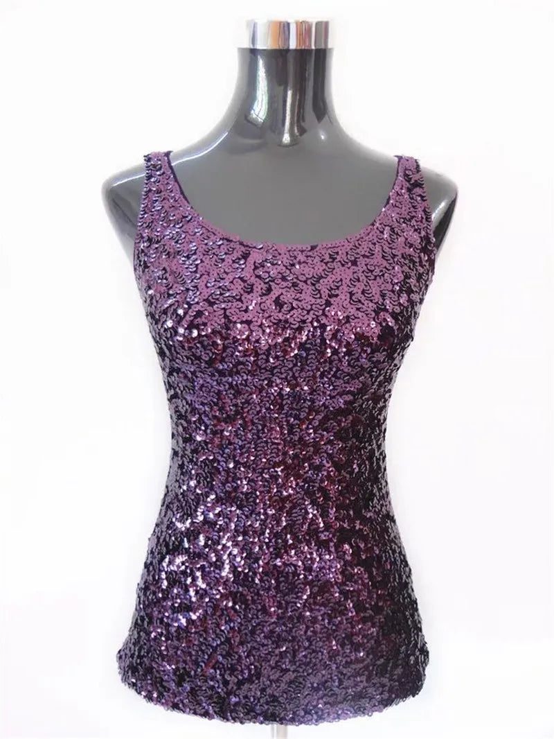 Womens Shine Glitter Sequin Embellished Sleeveless Vest Tank Tops Fashion Style Clothing For Cocktail Party Clubwear - Matrix-studios.com