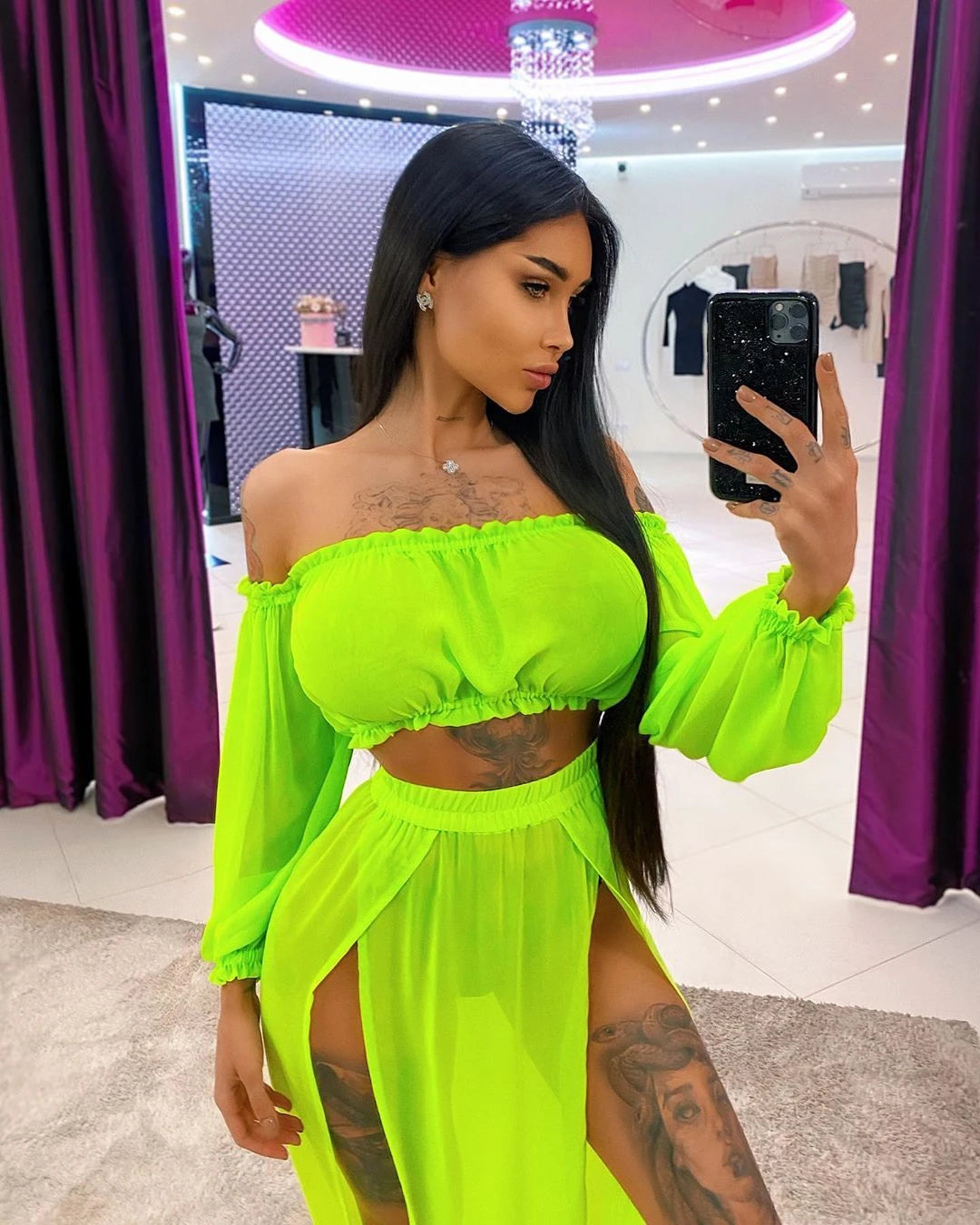 NEW Women Beach 2pcs Bikini Cover-Ups Swimsuit Off Shoulder Top+High Waist Dresss Sexy Ladies Swimming Cover Up Bathing Suit - Matrix Studios