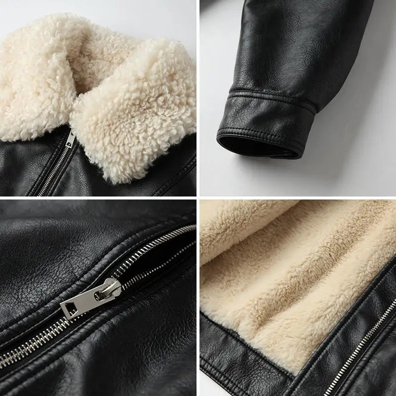 New Vintage Winter Leather Jacket Women Black Biker Coat Female Windbreak 2021 Lamb Fur Collar Thick Jacket - Matrix Studios