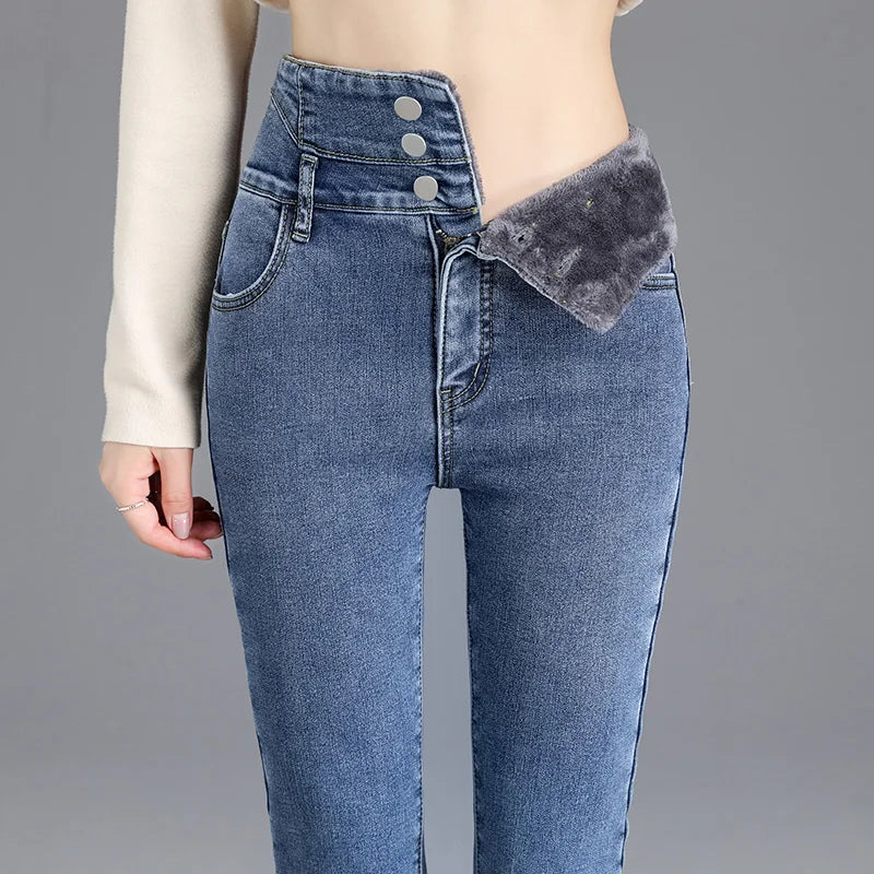 Thermal Winter Thick Fleece High-waist Warm Skinny Jeans Thick Women Stretch Button Pencil Pants Mom Casual Velvet Jeans - Matrix-studios.com