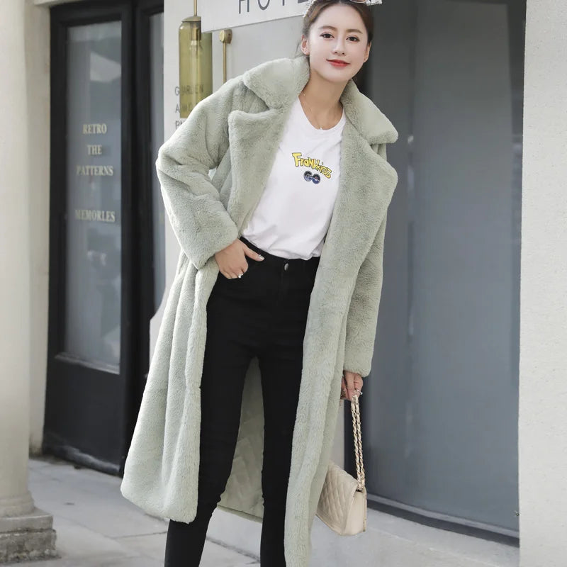 Winter Women High Quality Faux Rabbit Fur Coat Luxury Long Fur Coat Loose Lapel OverCoat Thick Warm Plus Size Female Plush Coats - Matrix Studios