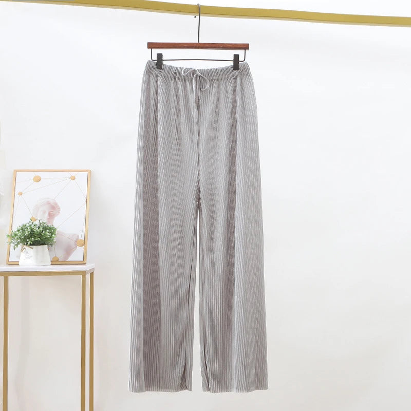 2025 Women's Pleated Loose Ice Silk Korean Casual Cropped Pants Wide Leg Trouse Home Classic Sports Wear Girls Clothes Black Top - Matrix-studios.com