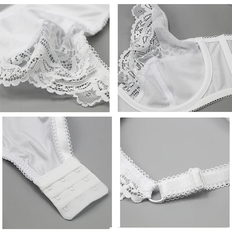 Sexy Lace Plus Size Female Lingerie Transparent Thin Thick BCDE Cup Bra Sets Breathable Women Underwear Panties Briefs - Matrix-studios.com