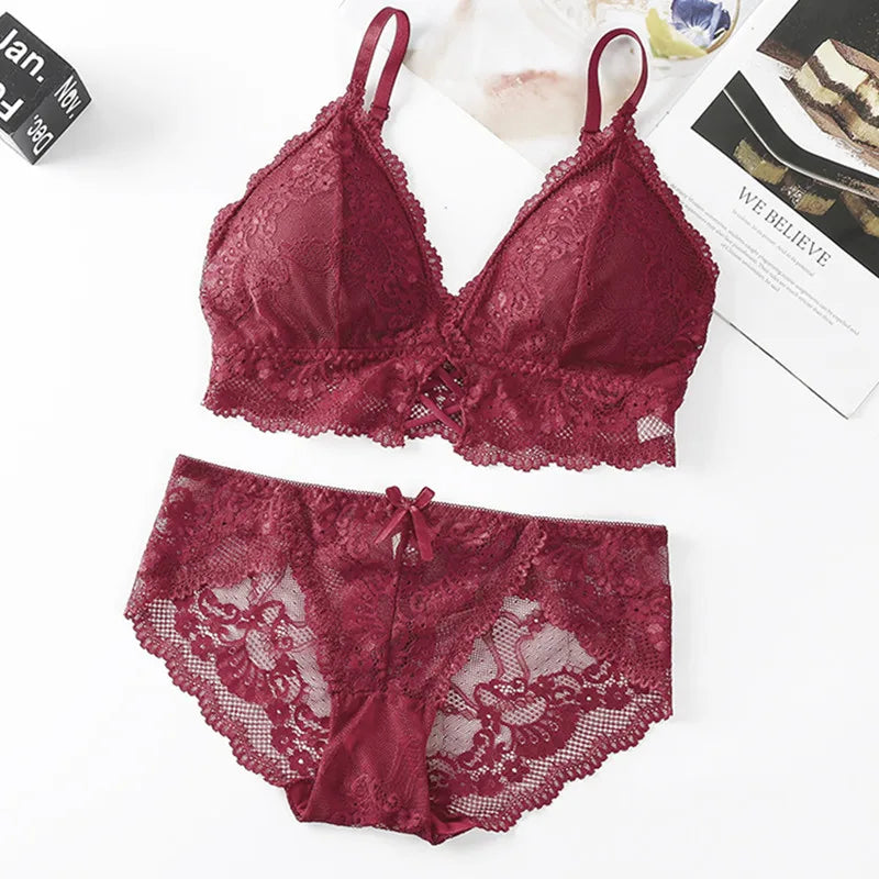 Women Lace Bra And Briefs Set Backless Bralette Solid Color Underwear Wireless Lace Bra Top Sexy Lingerie Set Female Intimates - Matrix-studios.com