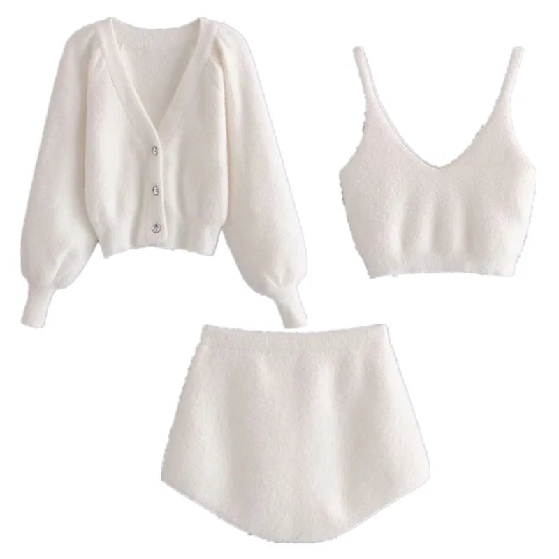 Vintage Set Shaggy Korea Style White Cardigan Furry Single-breasted Button Tank Top Knitted Sweater Jumper 1 Set - Matrix Studios