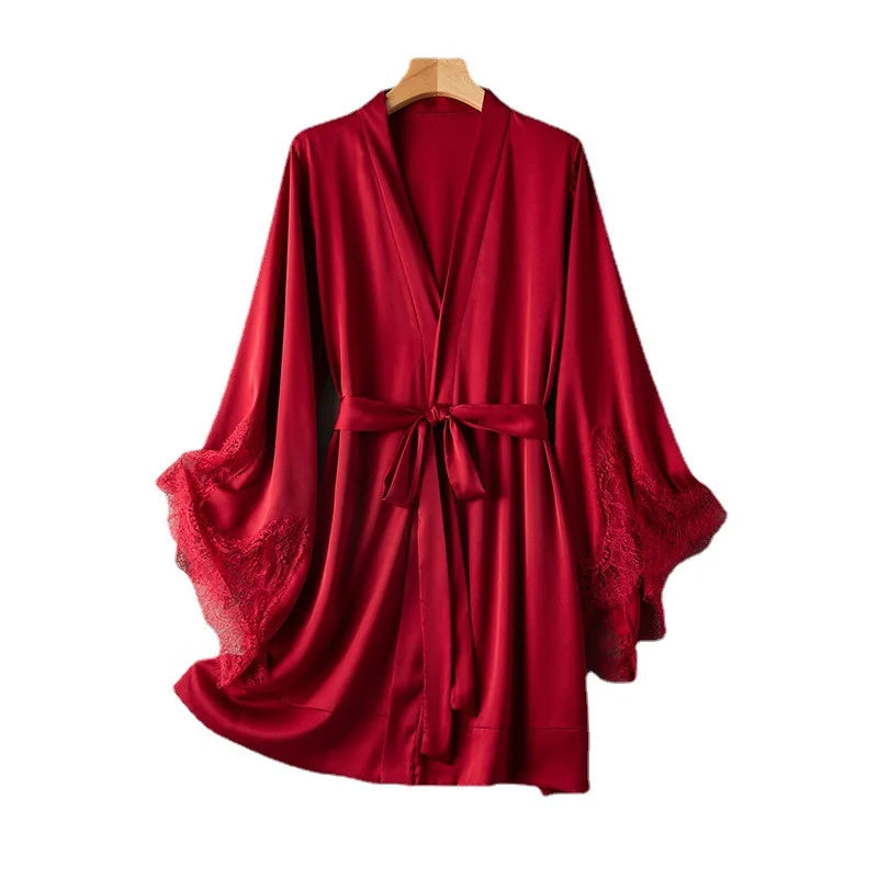 Sexy Robe With Lace Satin Women Nightgown Kimono Bathrobe Gown Pink Nightdress Bride Bridesmaid Wedding Gown Home Clothes - Matrix-studios.com