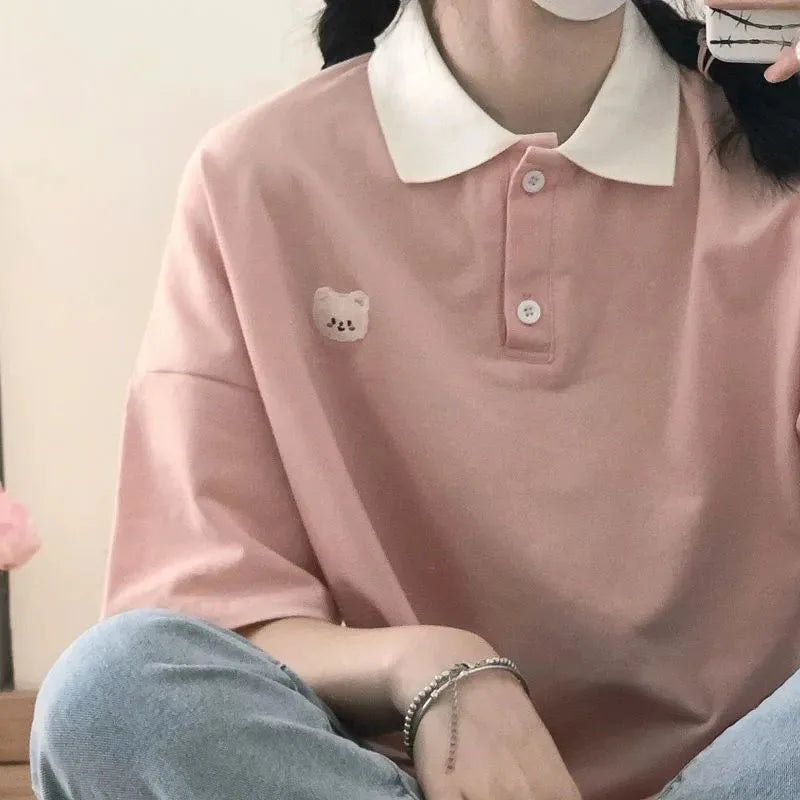 Bear Embroidery Preppy Style Polo Shirts Female T Shirt Short Sleeve Summer Women Tshirt Cotton Cute Tee Loose Oversized Teens - Matrix-studios.com