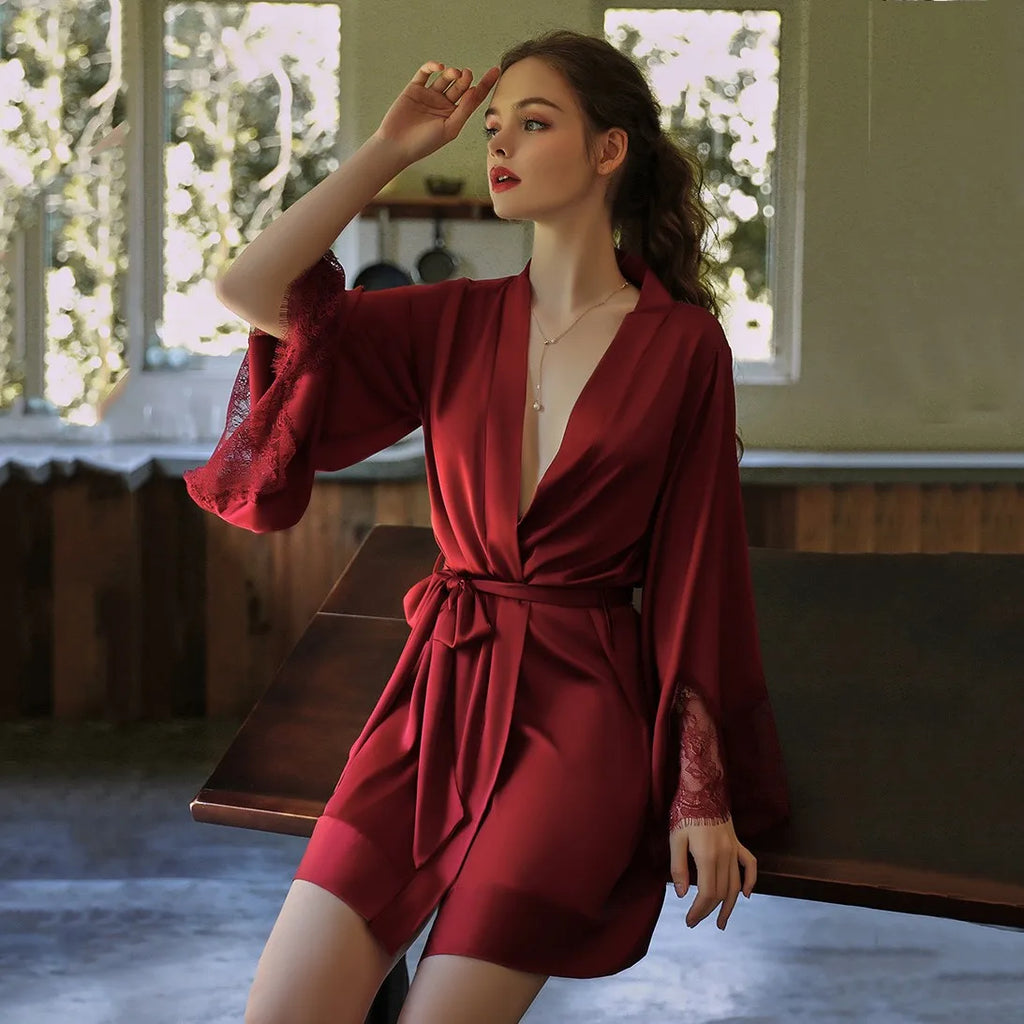 Sexy Robe With Lace Satin Women Nightgown Kimono Bathrobe Gown Pink Nightdress Bride Bridesmaid Wedding Gown Home Clothes - Matrix-studios.com