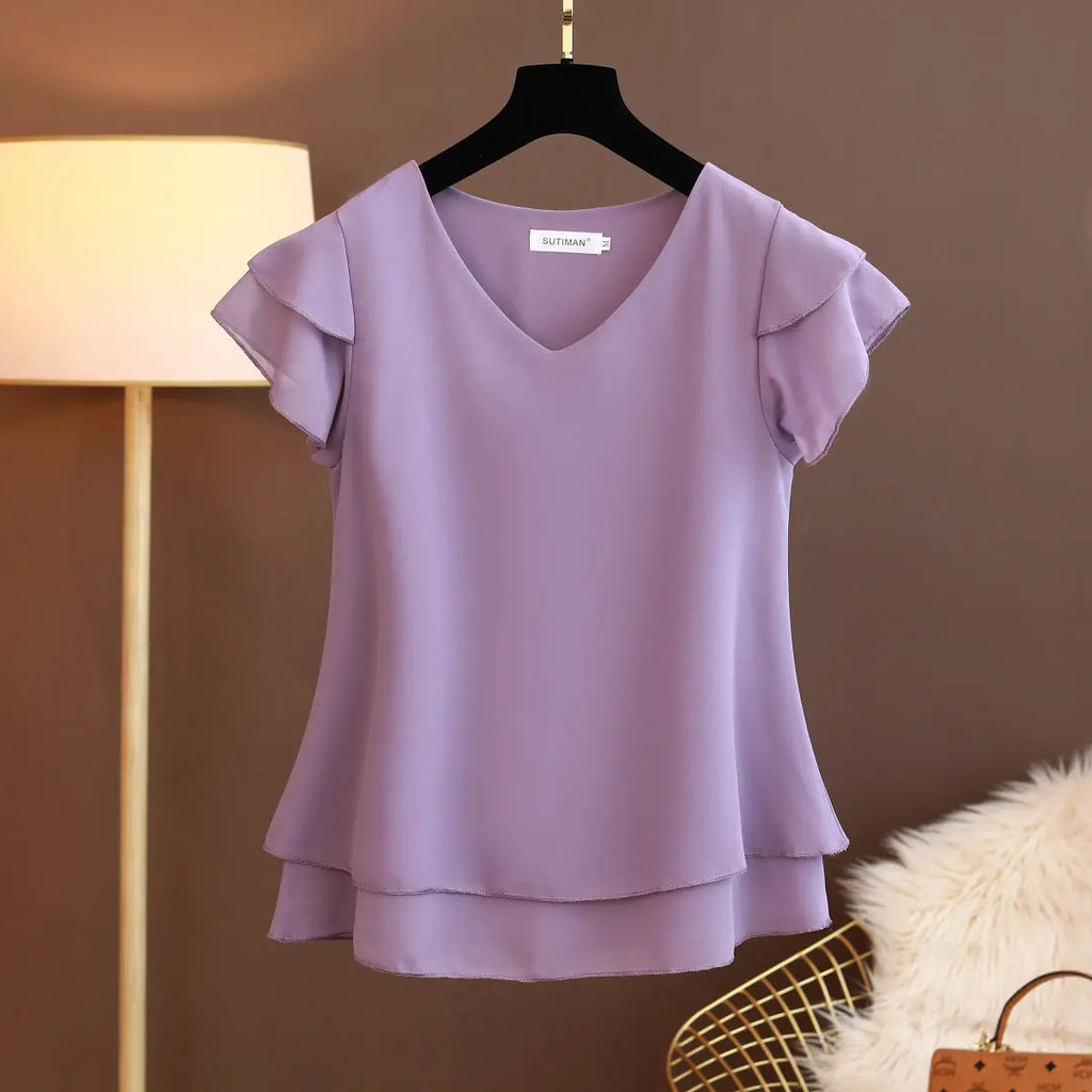 2026 New Summer Women Blouse Loose V-Neck Chiffon Shirt Female Short Sleeve Blouse Oversized Shirts womens tops and blouses Top - Matrix-studios.com