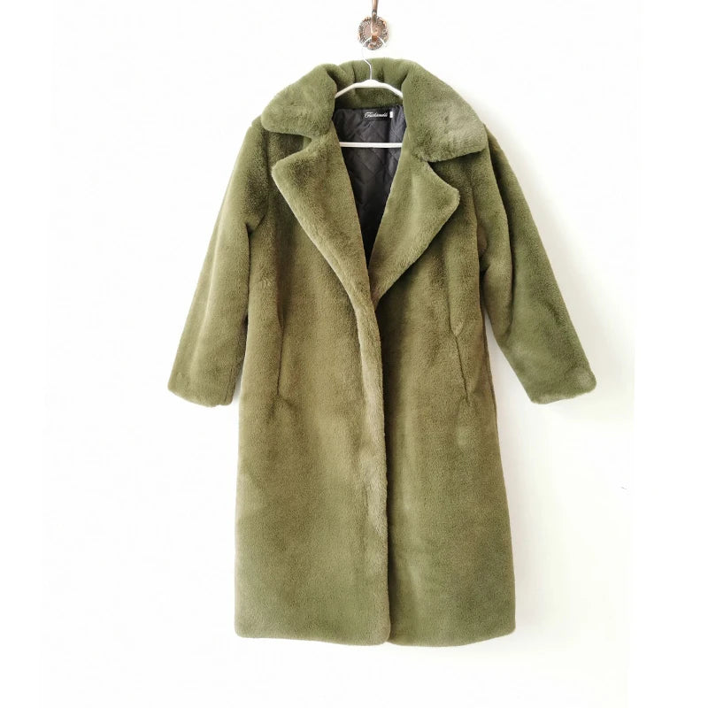 Winter Women High Quality Faux Rabbit Fur Coat Luxury Long Fur Coat Loose Lapel OverCoat Thick Warm Plus Size Female Plush Coats - Matrix Studios