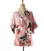 Lace Up Woman Peacock Print Japanese Kimono Yukata Silk Satin Short Style Sleepwear Home Nightgown Bath Robe Costume - Matrix-studios.com
