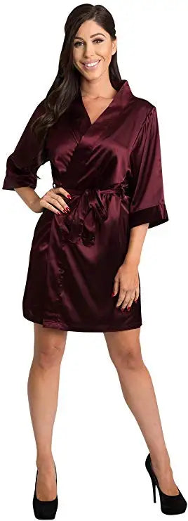 Burgundy Satin Kimono Robes women short pajamas dressing gown wine red Bridesmaid Gift team bride Bridal Party Robes - Matrix-studios.com