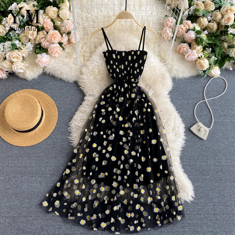 YuooMuoo Korean Fashion Daisy Flower Print Mesh Party Dress Summer Two Layers Spaghetti Strap Vacation Midi Dress Beach Vestidos - Matrix-studios.com