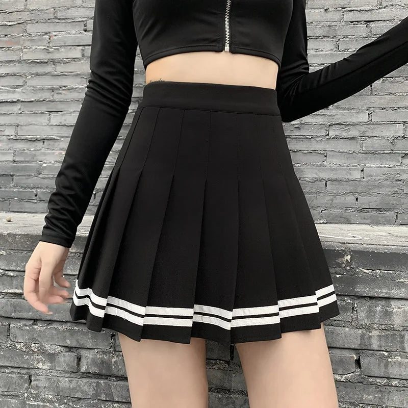 Vintage Korean Style Patchwork Skirt Harajuku JK Black Pleated Skirts Gothic Streetwear High Waist Mini Skirt Women Punk Skirt - Matrix-studios.com