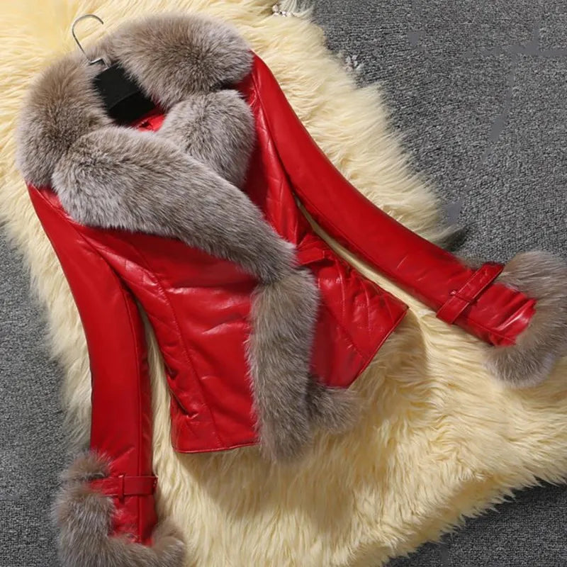 New Winter Leather Jacket Women Coat Faux Fox Fur Collar Short Coat PU Leather Female Jacket Elegant Motorcycle Zipper Outerwear - Matrix Studios