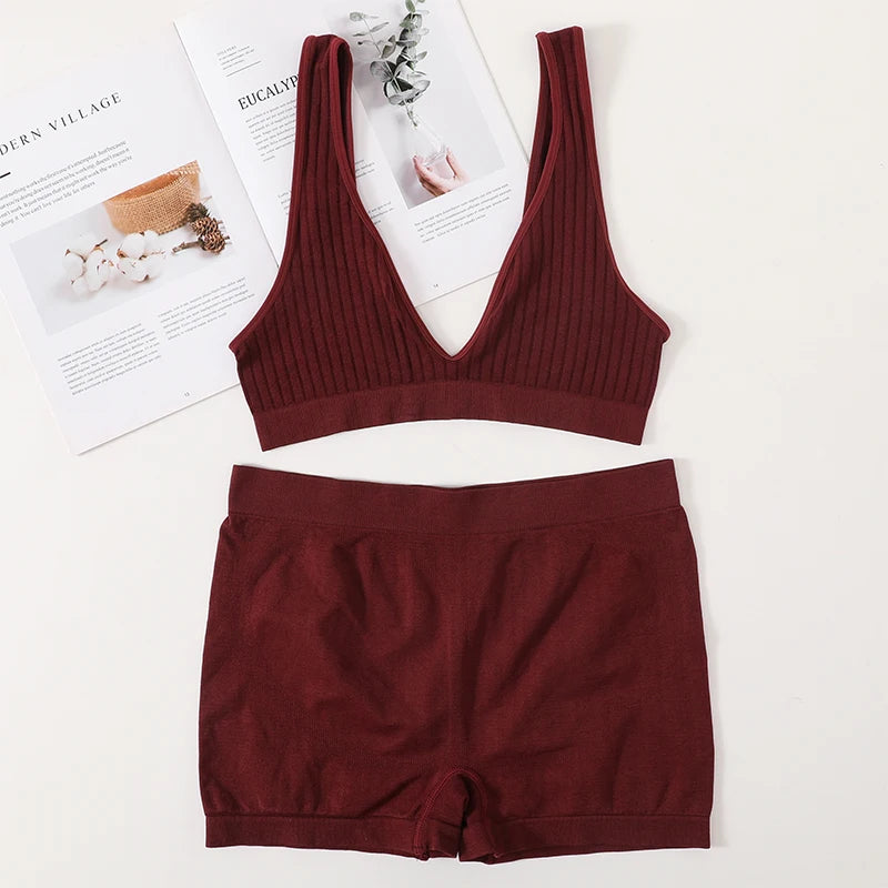 Women Seamless Bra And Panties Set Female Sport V-neck Unlined Bra High Rise Shorts Stretchy Underwear Sexy Lingerie Set - Matrix-studios.com