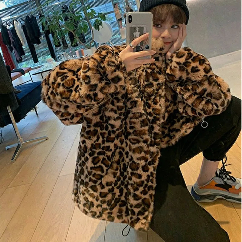 Winter Leopard Print Jacket Women's Stand collar Warm Parkas Outwear 2026 New Autumn Winter Korean Female Loose Faux Fur Coats - Matrix Studios