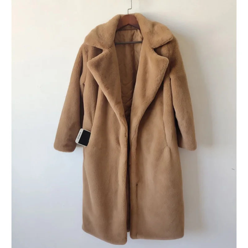 Winter Women High Quality Faux Rabbit Fur Coat Luxury Long Fur Coat Loose Lapel OverCoat Thick Warm Plus Size Female Plush Coats - Matrix Studios