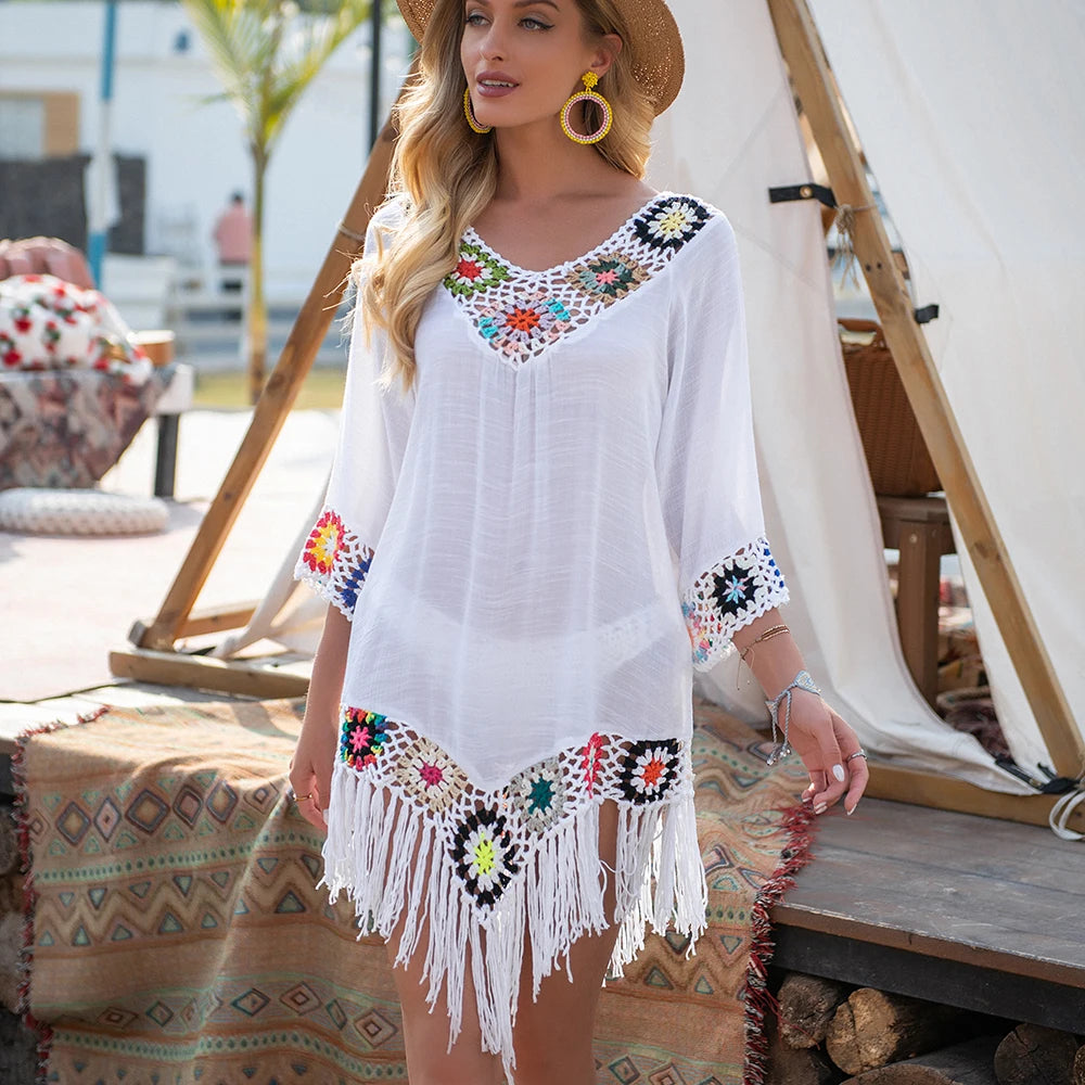 CROCHET BIKINI White Bikini Cover Up With Fringe Trim Women Sexy Hollow Tunic Beach Dress Summer Bathing Suit Beachwear - Matrix Studios